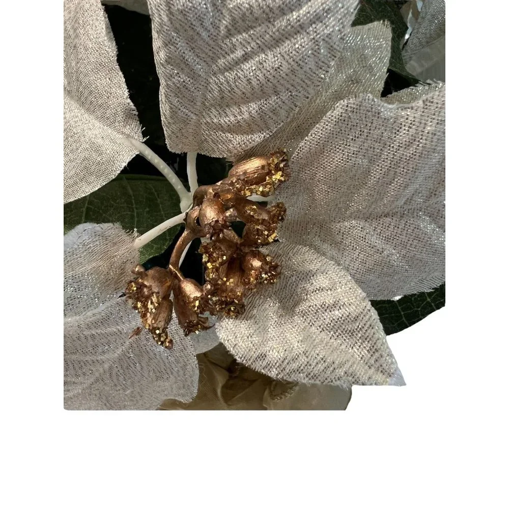 Faux White Gold Poinsettia Plant Floral Arrangement Glitter Bow New with Tags Be